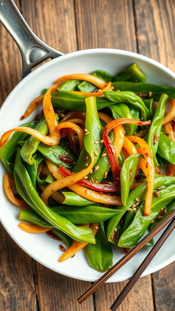 Stir-fried onion leaves with garlic and soy sauce on a white plate, garnished with sesame seeds.